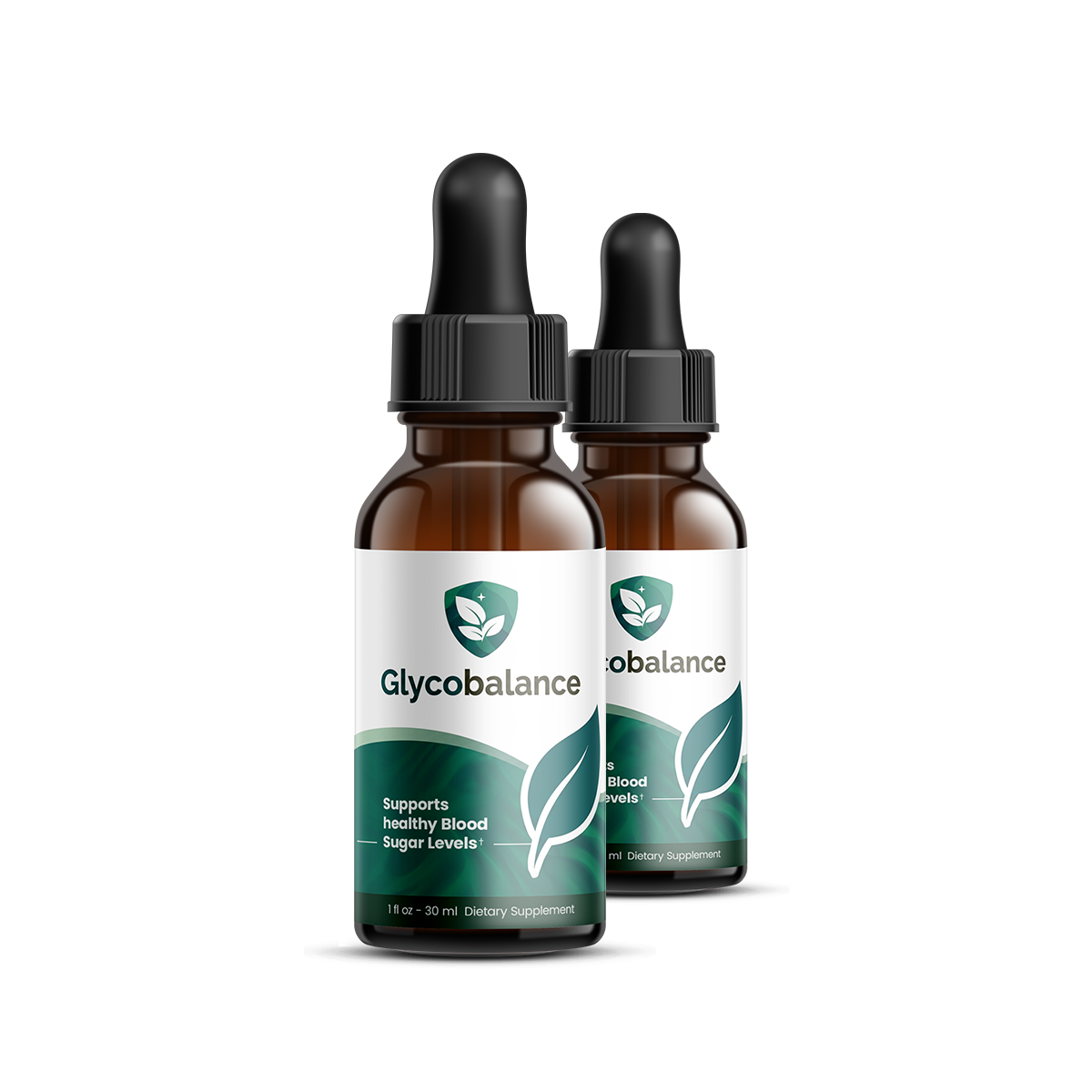 Two amber glass dropper bottles of Glyco Balance with sage-green labels