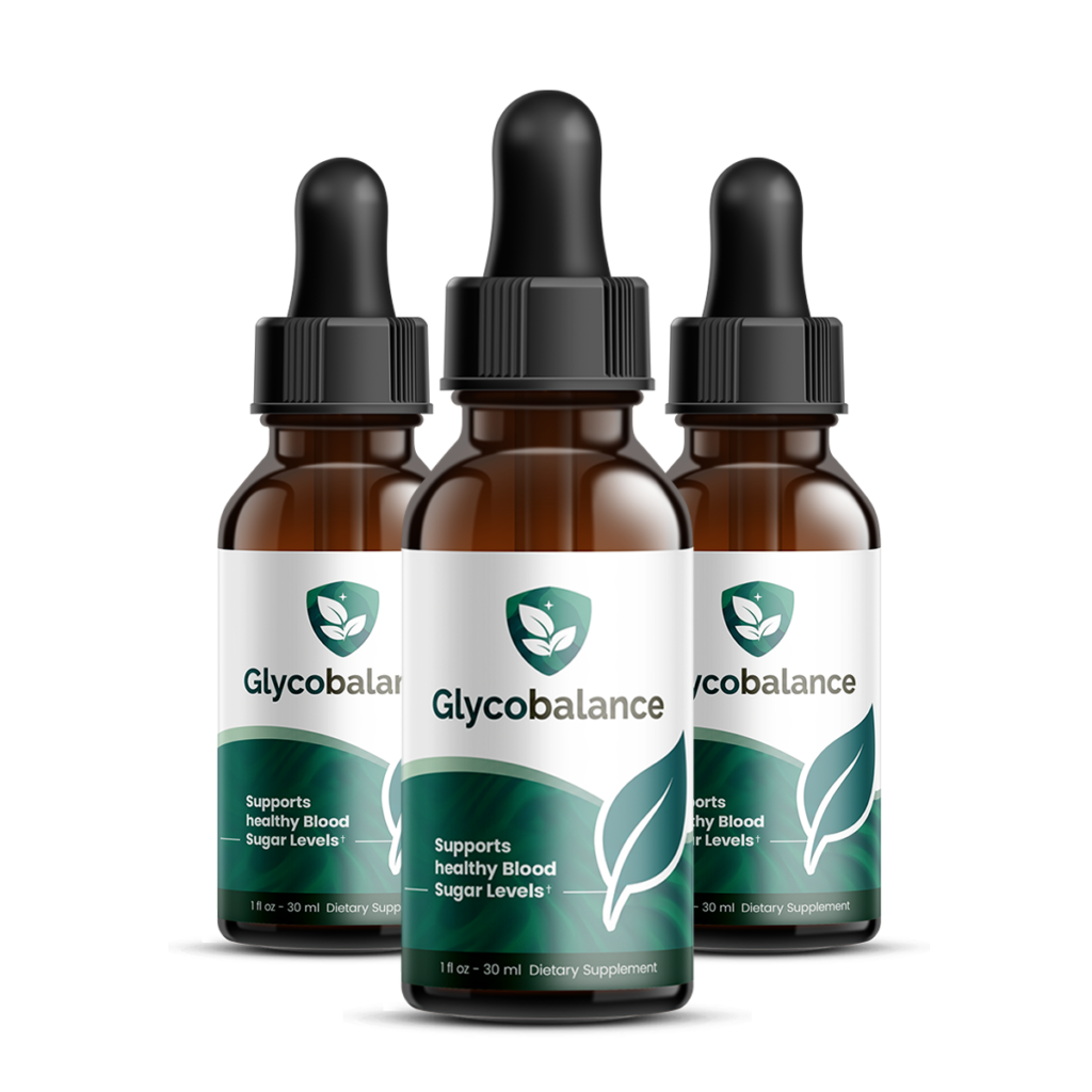 Three amber glass dropper bottles of Glyco Balance with sage-green labels