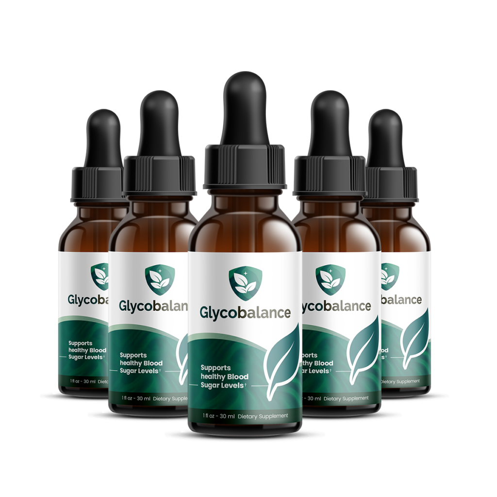 Six amber glass dropper bottles of Glyco Balance liquid blood sugar support supplement with sage-green labels